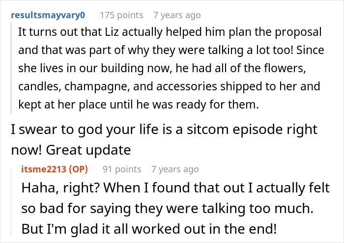 A screenshot of a comment revealing the coworker helped plan the proposal, clarifying the GF having female friends.