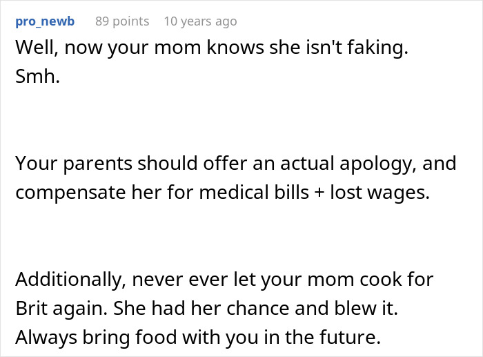 A screenshot of a Reddit comment suggesting the mother apologize and compensate her son's GF for medical bills and lost wages. A screenshot of a Reddit comment suggesting the mother apologize and compensate her son's GF for medical bills and lost wages.