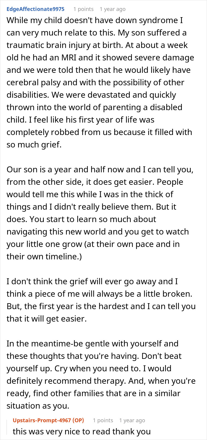 A Reddit comment from a mom with a child with traumatic brain injury relating to having a baby with Down syndrome.