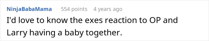 Screenshot of a comment asking about the exes reaction to friends having a baby together, a surprising outcome. Screenshot of a comment asking about the exes reaction to friends having a baby together, a surprising outcome.