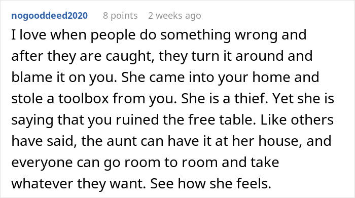 A comment about the Aunt treating the free table tradition like a free-for-all, blaming others.