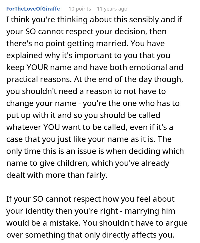 Hilariously awkward comment about a partner respecting a name decision when nobody asked them to share. Hilariously awkward comment about a partner respecting a name decision when nobody asked them to share.
