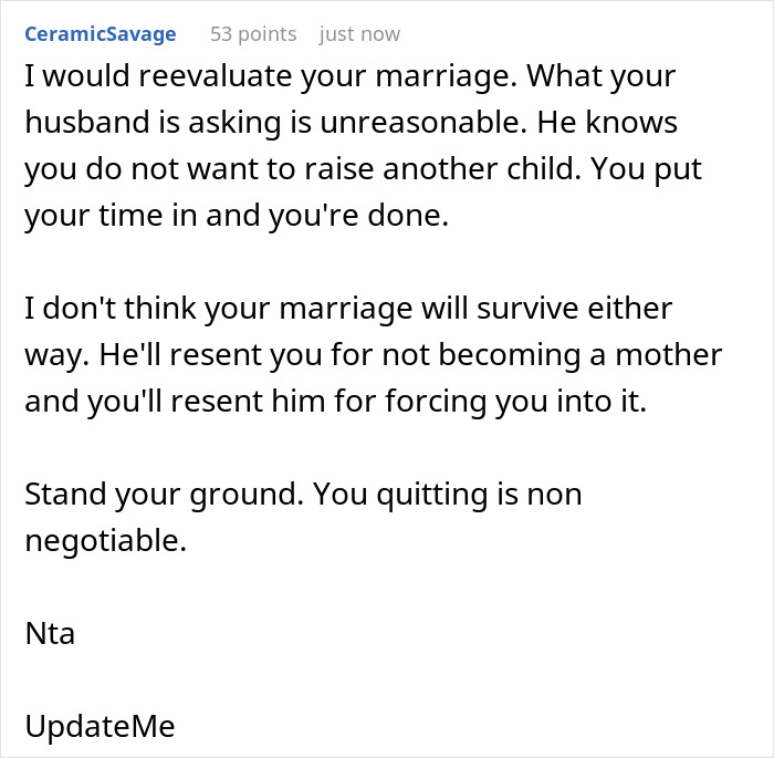 A screenshot of a comment from a user named CeramicSavage about a wife refusing to be primary caregiver for an orphaned nephew. A screenshot of a comment from a user named CeramicSavage about a wife refusing to be primary caregiver for an orphaned nephew.