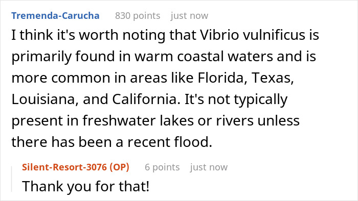 Text explaining Vibrio vulnificus in warm coastal waters, related to a woman's warning about flesh-eating bacteria. Text explaining Vibrio vulnificus in warm coastal waters, related to a woman's warning about flesh-eating bacteria.