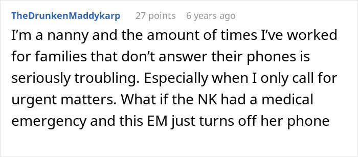 A Reddit comment from TheDrunkenMaddykarp about an entitled parent not answering her phone during emergencies.