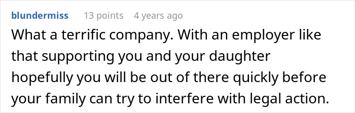A comment praising a company for supporting the woman and her daughter, in the story of the troubled sister's baby. A comment praising a company for supporting the woman and her daughter, in the story of the troubled sister's baby.