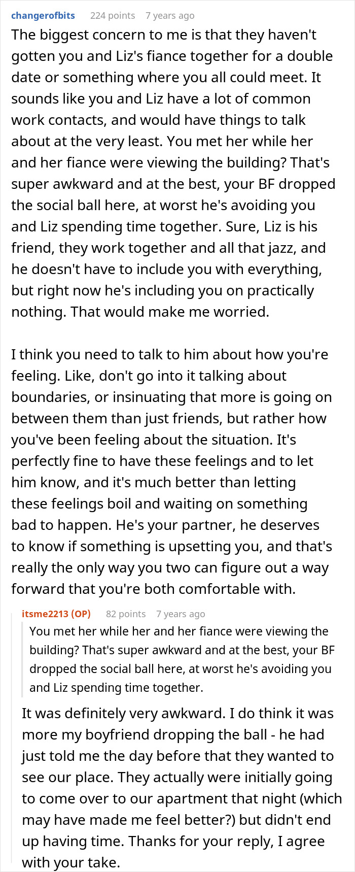 Online forum discussion about a GF feeling uneasy about her BF having female friends and a coworker.