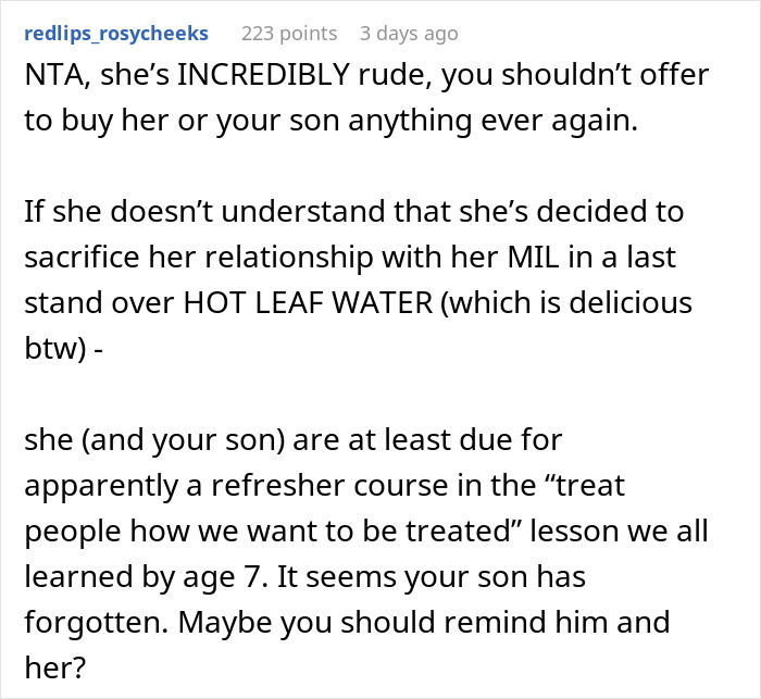 A comment on the MIL, DIL dynamic and the son's demand for an apology over a coffee order.
