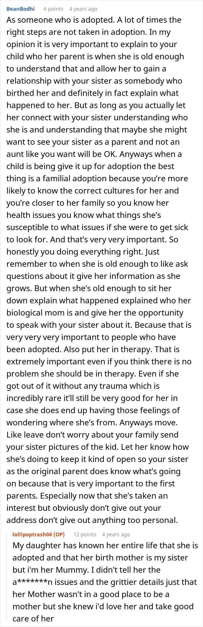 A screenshot of a Reddit comment providing advice on how to explain adoption to a child and maintain a relationship with the biological sister. A screenshot of a Reddit comment providing advice on how to explain adoption to a child and maintain a relationship with the biological sister.