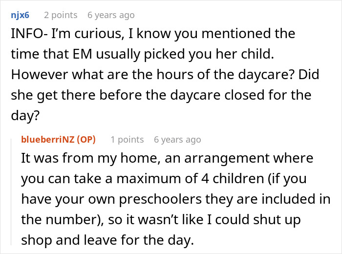 A user asks for more details about the entitled parent's late pickup and the nanny's reaction.