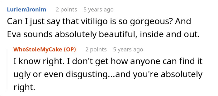 A comment praising a person's vitiligo and beauty, showing support and understanding for the condition.