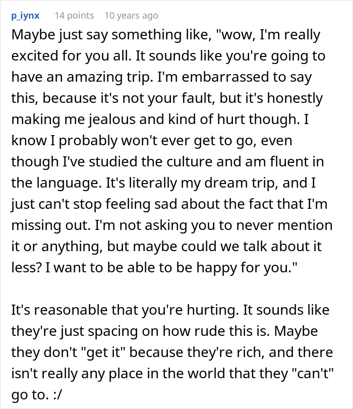 A screenshot of a Reddit comment section where a user offers advice to a woman about her boyfriend's family's cruel plan. A screenshot of a Reddit comment section where a user offers advice to a woman about her boyfriend's family's cruel plan.