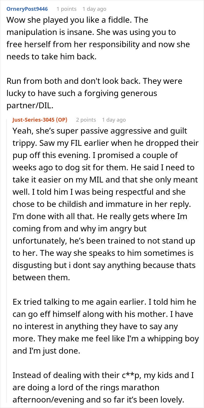 Entitled MIL Refuses To Take In Her Drunk Son, Blames His Ex-Wife For Finally Quitting The Role Entitled MIL Refuses To Take In Her Drunk Son, Blames His Ex-Wife For Finally Quitting The Role