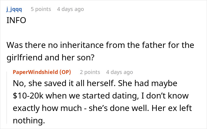 A screenshot of a Reddit comment asking about inheritance for a girlfriend and her son for sports fees. A screenshot of a Reddit comment asking about inheritance for a girlfriend and her son for sports fees.