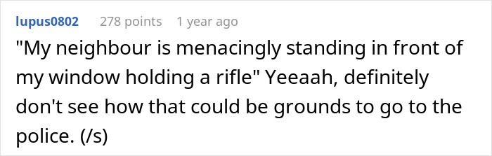 A comment questioning why a neighbor's eerie behavior, holding a rifle, wouldn't warrant police intervention.