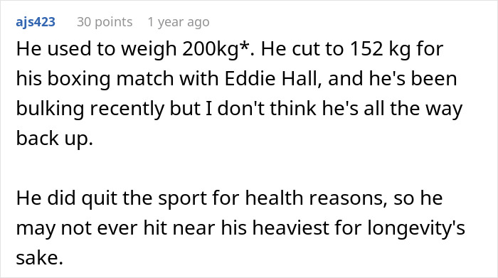 A Reddit comment detailing The Mountain's weight cuts for a boxing match and health reasons for quitting the sport. A Reddit comment detailing The Mountain's weight cuts for a boxing match and health reasons for quitting the sport.