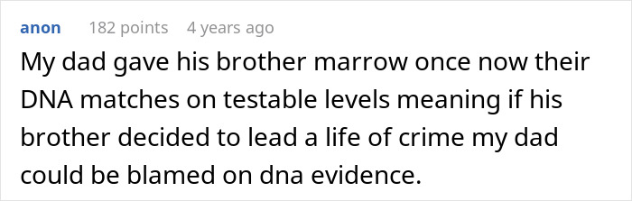 A comment about an adopted teen's birth parents, discussing DNA matching after a marrow donation. A comment about an adopted teen's birth parents, discussing DNA matching after a marrow donation.