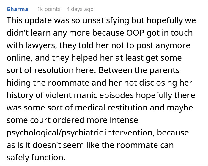 A comment about legal action, lawyers, and unresolved issues concerning the roommate and destroyed home. A comment about legal action, lawyers, and unresolved issues concerning the roommate and destroyed home.