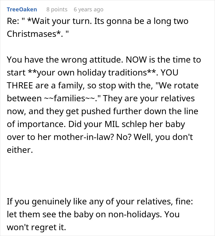 A detailed comment advising parents to start their own holiday traditions for baby's First Christmas, prioritizing their family. A detailed comment advising parents to start their own holiday traditions for baby's First Christmas, prioritizing their family.