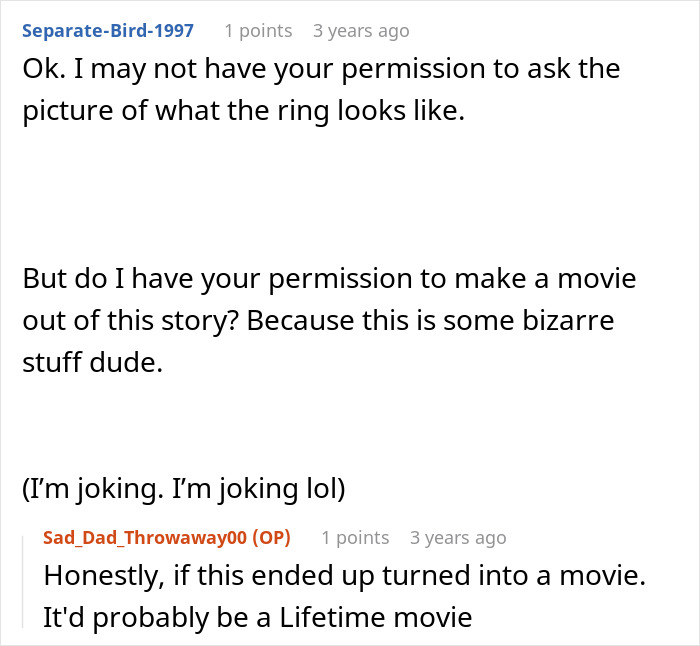Screenshot of a comment suggesting a movie about the son who steals a family heirloom to propose, accusing dad of ruining his life. Screenshot of a comment suggesting a movie about the son who steals a family heirloom to propose, accusing dad of ruining his life.