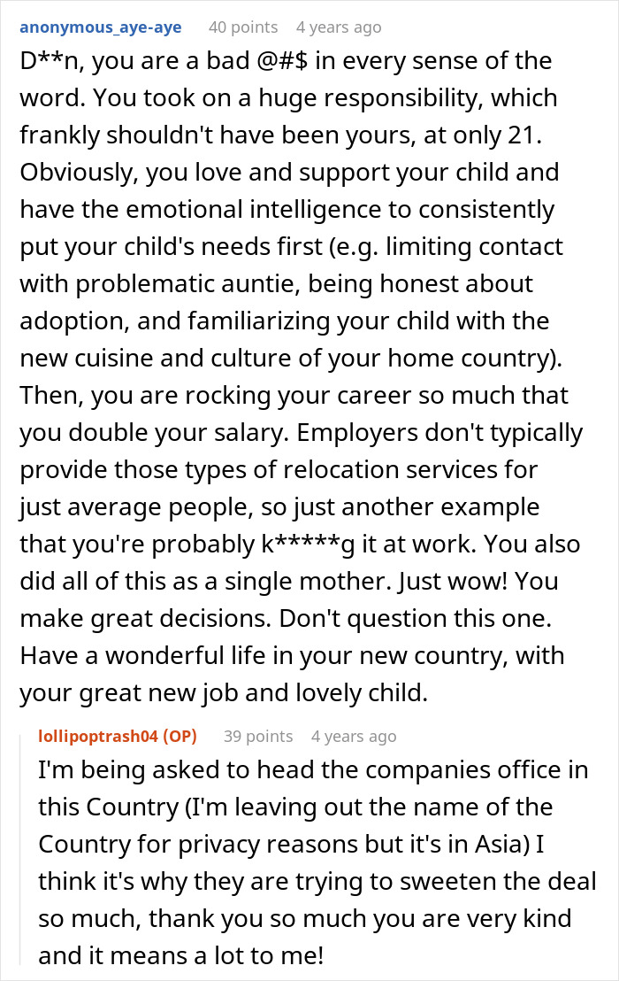 Screenshot of a comment praising the woman for adopting her sister's baby and career success. Screenshot of a comment praising the woman for adopting her sister's baby and career success.