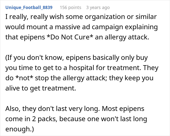 A social media comment discussing epipens and a son's allergy, clarifying that epipens do not cure an allergy attack. A social media comment discussing epipens and a son's allergy, clarifying that epipens do not cure an allergy attack.