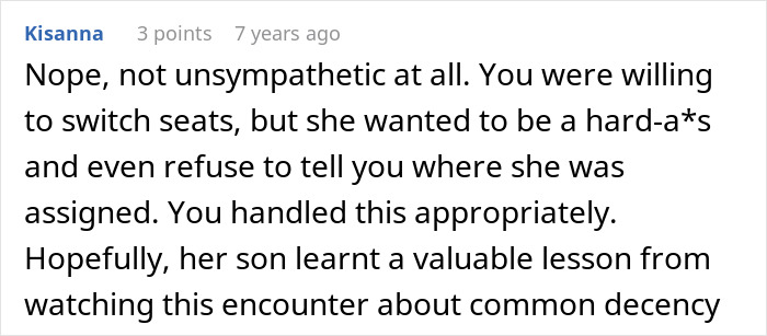 A Reddit comment supporting the original poster about the plane seat switch, stating she handled it appropriately. A Reddit comment supporting the original poster about the plane seat switch, stating she handled it appropriately.