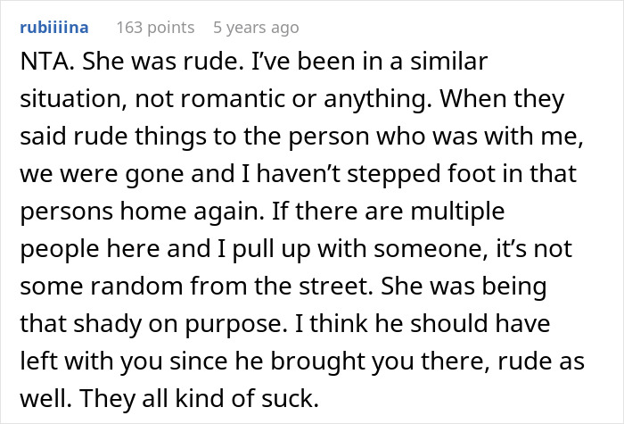 A comment supports the guy who left the party, stating the host was rude and he should have walked out.