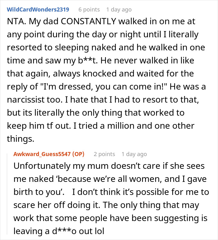 A Reddit comment describes a father's past intrusions, with the daughter considering tactics to deter her controlling mom. A Reddit comment describes a father's past intrusions, with the daughter considering tactics to deter her controlling mom.