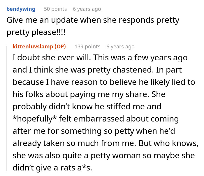 Screenshot of a comment where the woman reflects on her ex-MIL's likely reaction and the situation regarding the gift. Screenshot of a comment where the woman reflects on her ex-MIL's likely reaction and the situation regarding the gift.