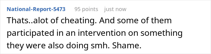 A comment reacting to a group vacation affair, highlighting the hypocrisy of cheaters intervening against others. A comment reacting to a group vacation affair, highlighting the hypocrisy of cheaters intervening against others.