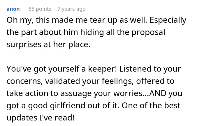 A comment praising the boyfriend for listening to his GF's concerns about female friends.