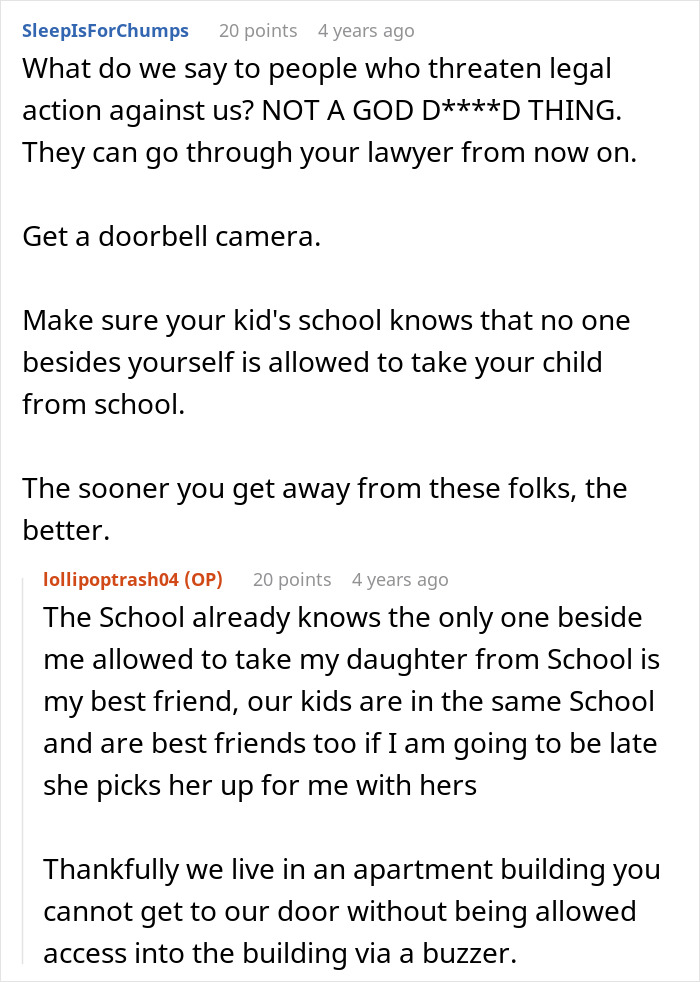 Screenshot of a comment advising the woman on protecting her adopted child from the sister. Screenshot of a comment advising the woman on protecting her adopted child from the sister.