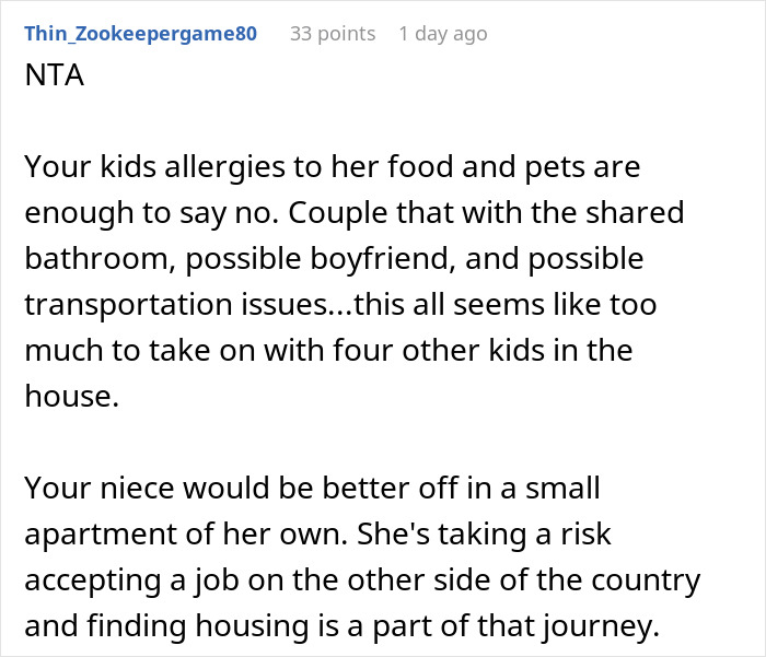 A screenshot of a Reddit comment advising a couple not to house their 25YO niece due to allergies and housing issues. A screenshot of a Reddit comment advising a couple not to house their 25YO niece due to allergies and housing issues.