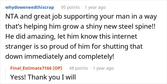 A comment praising the groom for standing up to his in-laws amidst a wedding dispute. A comment praising the groom for standing up to his in-laws amidst a wedding dispute.