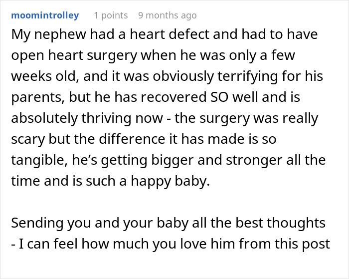 A comment about a nephew who had open heart surgery as a baby and is now a thriving baby.