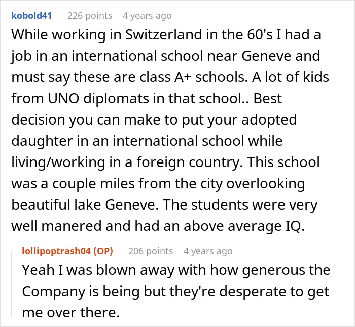 Screenshot of a comment discussing the international school experience for the adopted baby. Screenshot of a comment discussing the international school experience for the adopted baby.