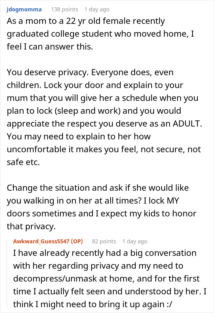 A screenshot of a Reddit comment from a mom empathizing with the 22-year-old daughter whose controlling mom forbids her from locking her door. A screenshot of a Reddit comment from a mom empathizing with the 22-year-old daughter whose controlling mom forbids her from locking her door.