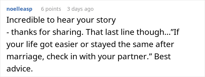 A screenshot of a Reddit comment offering advice for marriage and the father-daughter bond, suggesting to check in with a partner. A screenshot of a Reddit comment offering advice for marriage and the father-daughter bond, suggesting to check in with a partner.