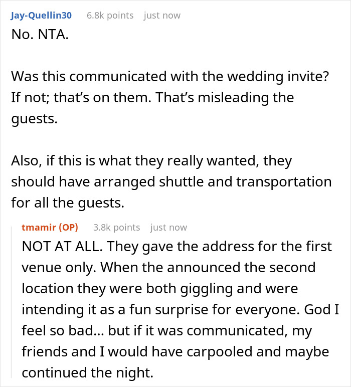 A screenshot of comments about a 4-venue wedding, with guests tired of driving and poor communication.