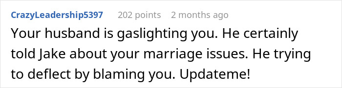 A Reddit screenshot features a user stating the husband is gaslighting the wife after a horrible miscommunication.
