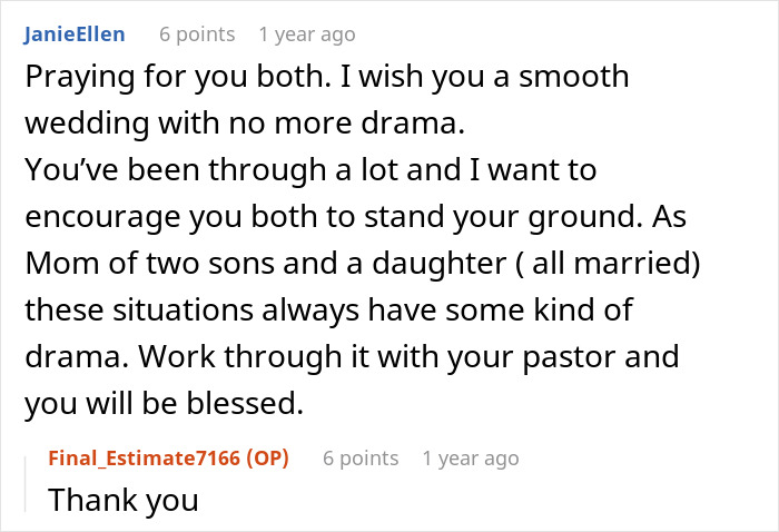 A supportive comment wishing a smooth wedding and encouraging the couple in their family dispute. A supportive comment wishing a smooth wedding and encouraging the couple in their family dispute.