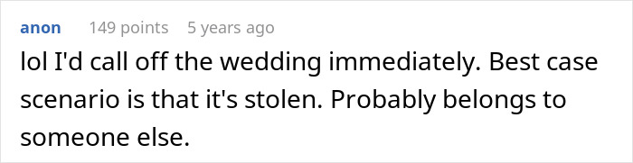 A comment theorizing about a man's fiancée's fancy laptop in her closet, suggesting it could be stolen. A comment theorizing about a man's fiancée's fancy laptop in her closet, suggesting it could be stolen.
