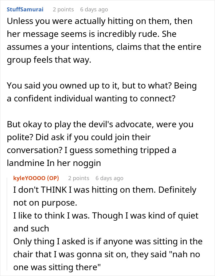 A Reddit comment discussing whether the male classmate's intentions were perceived as intrusive by the female classmates. A Reddit comment discussing whether the male classmate's intentions were perceived as intrusive by the female classmates.