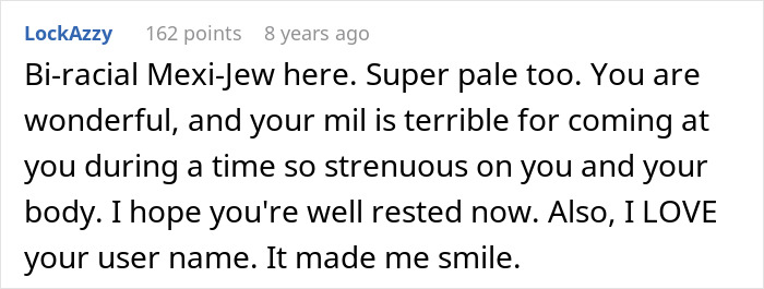 A comment supports a woman giving birth against MIL accusations, saying her MIL is terrible for being invasive.
