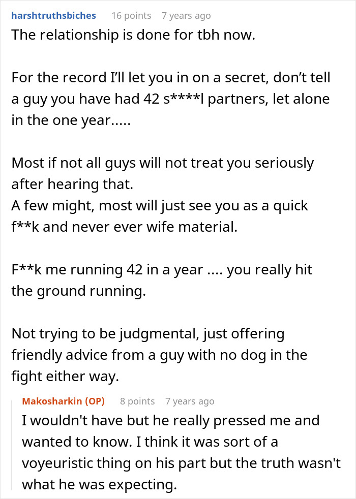 A screenshot of Reddit comments advising against telling a man you've had many partners in an open relationship. A screenshot of Reddit comments advising against telling a man you've had many partners in an open relationship.