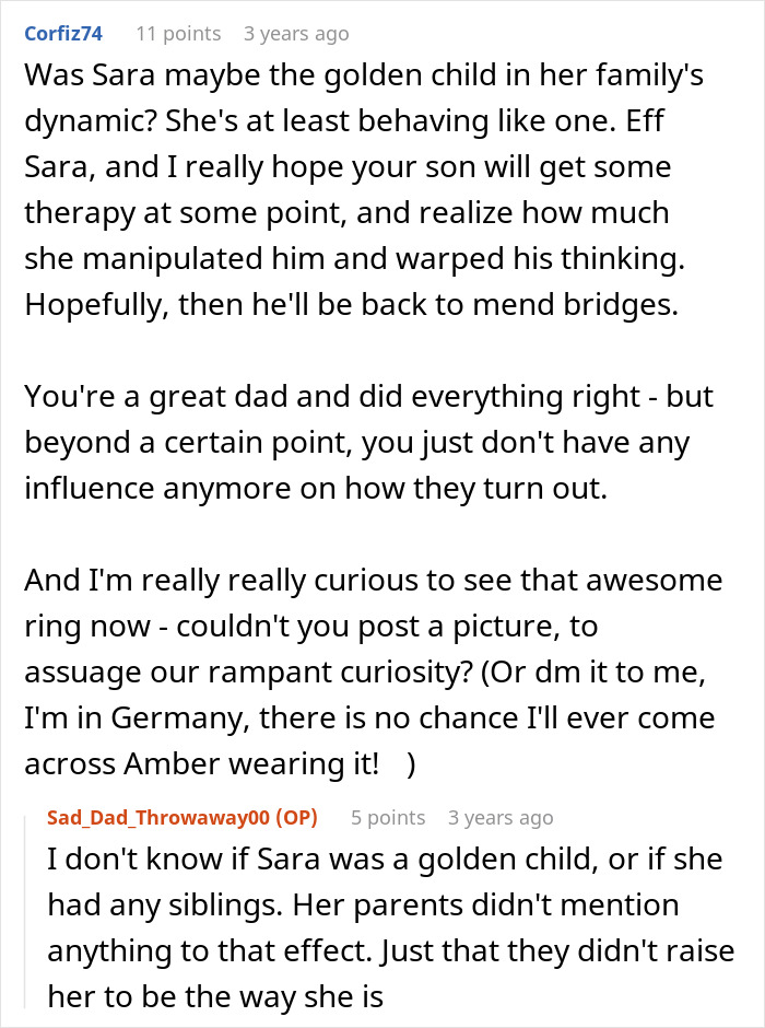 Son steals a family heirloom to propose; a user suggests Sara manipulated the son, and the dad responds. Son steals a family heirloom to propose; a user suggests Sara manipulated the son, and the dad responds.