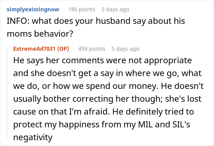 A screenshot of a Reddit comment discussing a husband's reaction to his MIL and SIL's ballistic behavior during a family trip. A screenshot of a Reddit comment discussing a husband's reaction to his MIL and SIL's ballistic behavior during a family trip.