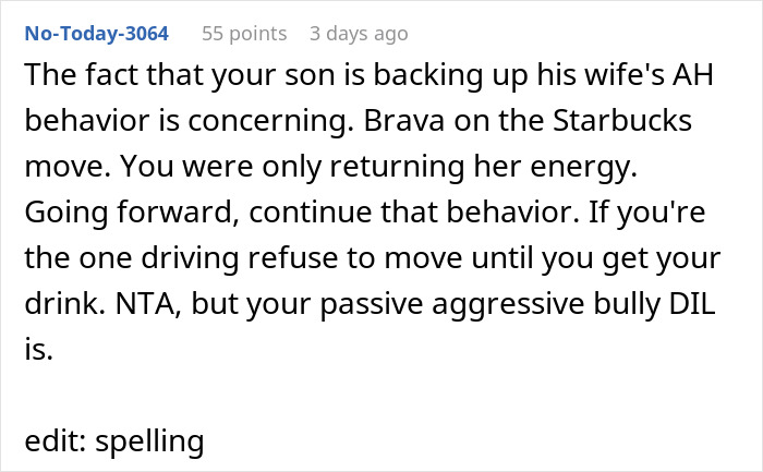 A Reddit comment advising MIL to match DIL's pettiness regarding the coffee order.
