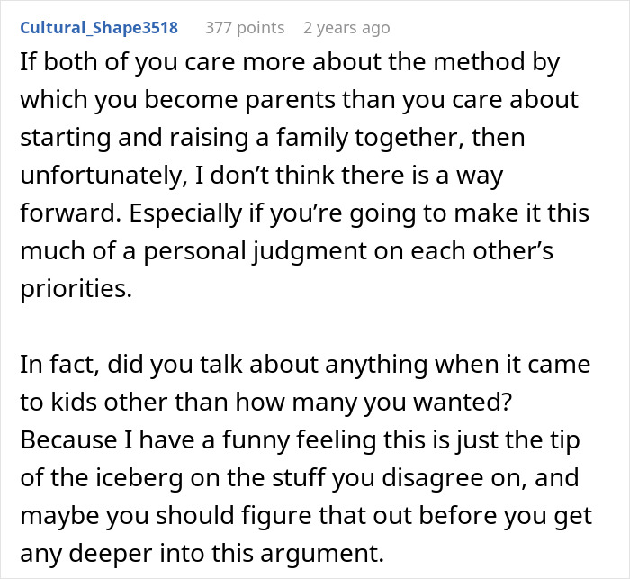 A Reddit comment advising a man questioning marriage about priorities for conceiving and shocking beliefs.